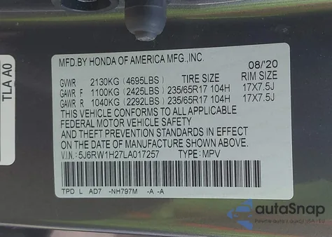 2020 Honda Cr-V 2Wd Lx из США, поврежденный, VIN 5J6RW1H27LA017257